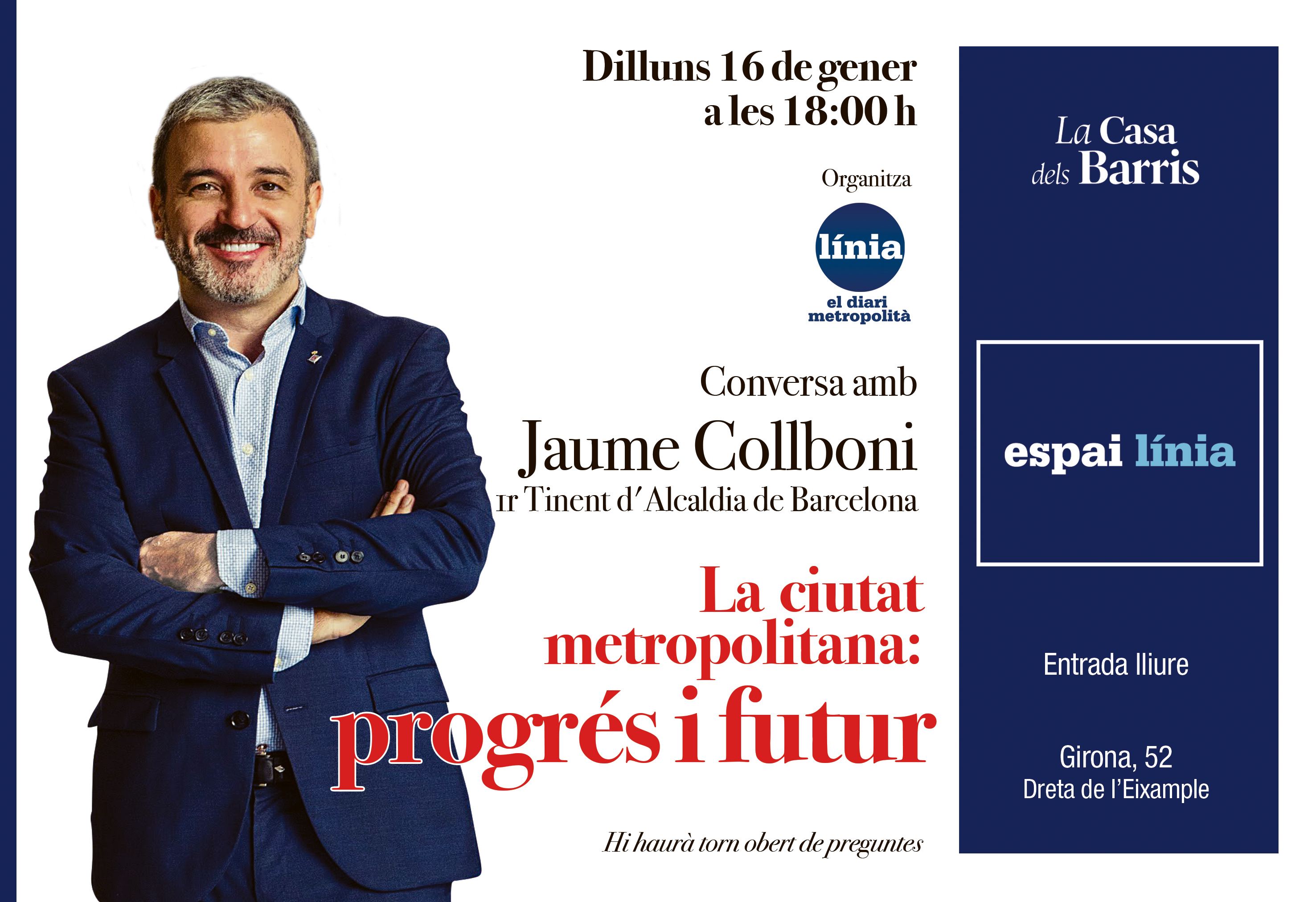 Conversa amb Jaume Collboni, el 16 de gener a Espai Línia